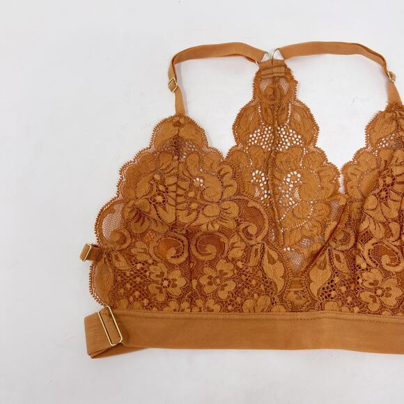 We Are HAH Medium M Brown Sugar Orange Lace Racerback Bra Bralette Deep V Neck - Picture 4 of 11
